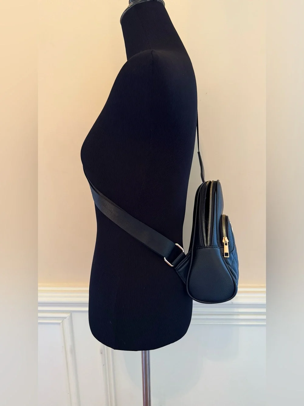 Black Quilted Sling Crossbody Bag‎ with Gold Bee Emblem
